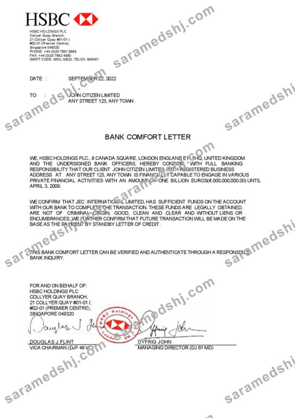 Singapore HSBC Bank Reference letter